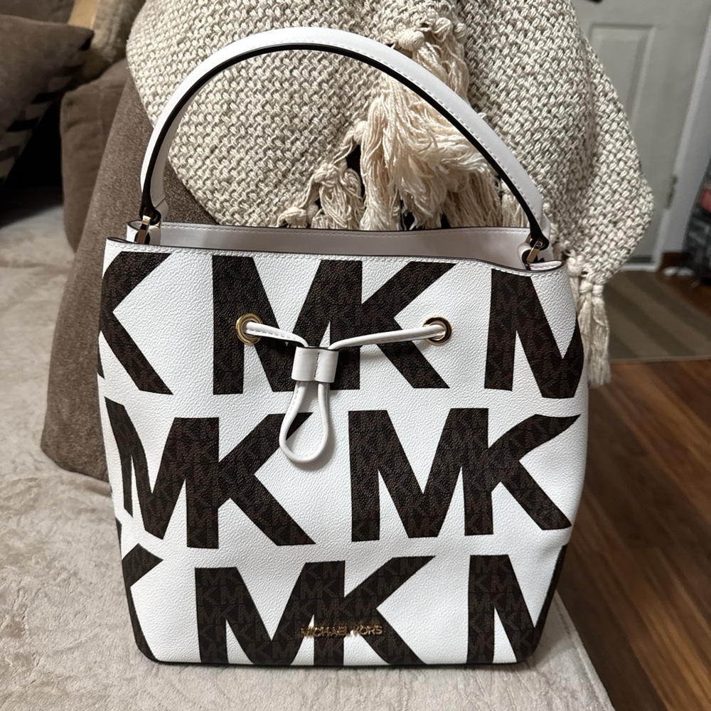 Michael Kors signature print bucket bag, white with brown MK logo drawstring